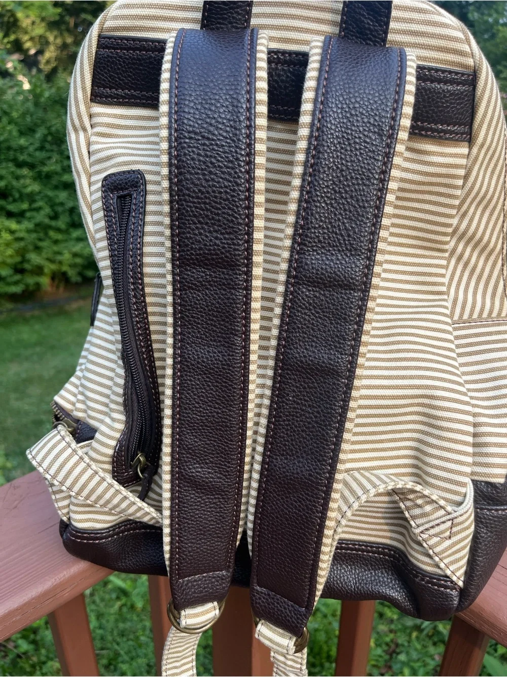 Chala Cream & Brown Striped Backpack with Dachshund Dog Applique